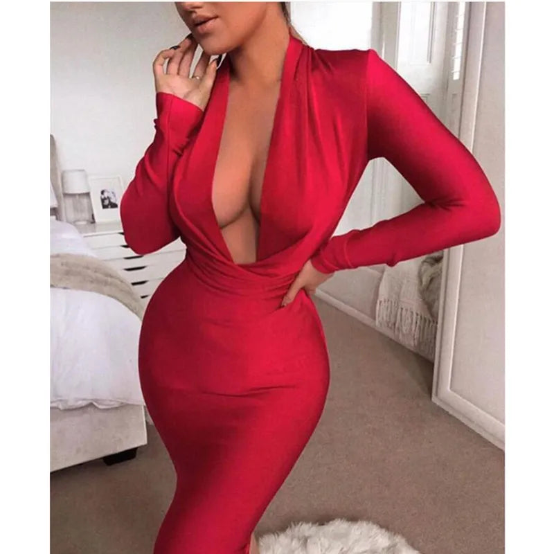 Winter Sexy V Neck Long Sleeve Women Bodycon Bandage Dress 2022 Celebrity Designer Evening Party Dress Vestido