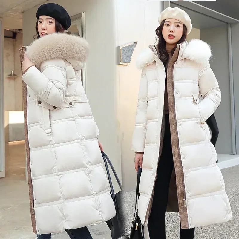 2023 New Women Winter Jacket Long Coat Fur Collar Hooded Down Parka Overcoat Warm Long Thick Cotton Wadded Jacket Outwear