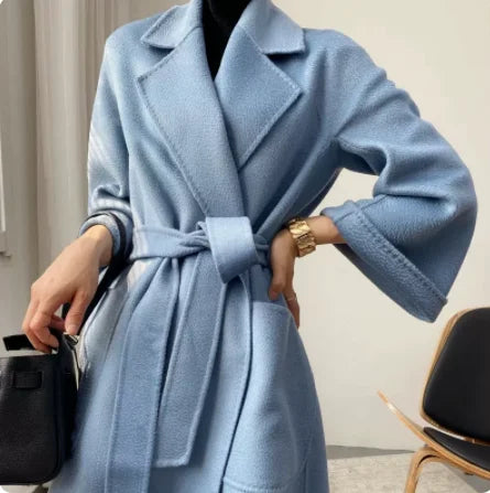 Casual Big Size Solid Water Ripple Wool Women Long Loose Double-sided Coat Lapel Belt Warm Jacket Fashion Spring Autumn