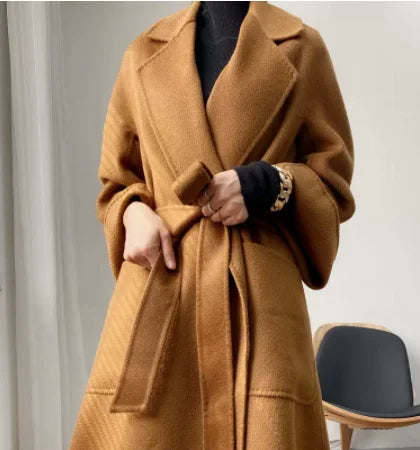 Casual Big Size Solid Water Ripple Wool Women Long Loose Double-sided Coat Lapel Belt Warm Jacket Fashion Spring Autumn