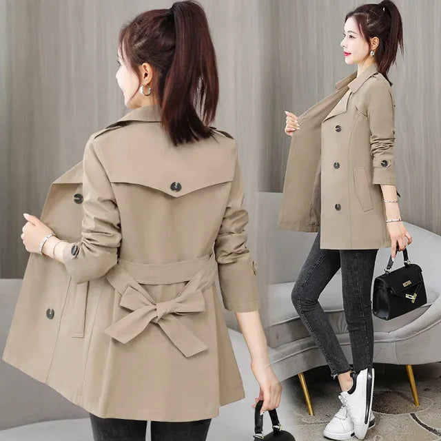 2023 New Spring Autumn Trench Coat Women Clothes Slim Long-Sleeved Short Windbreaker With Belt Casual Outwear Female Tops Lining