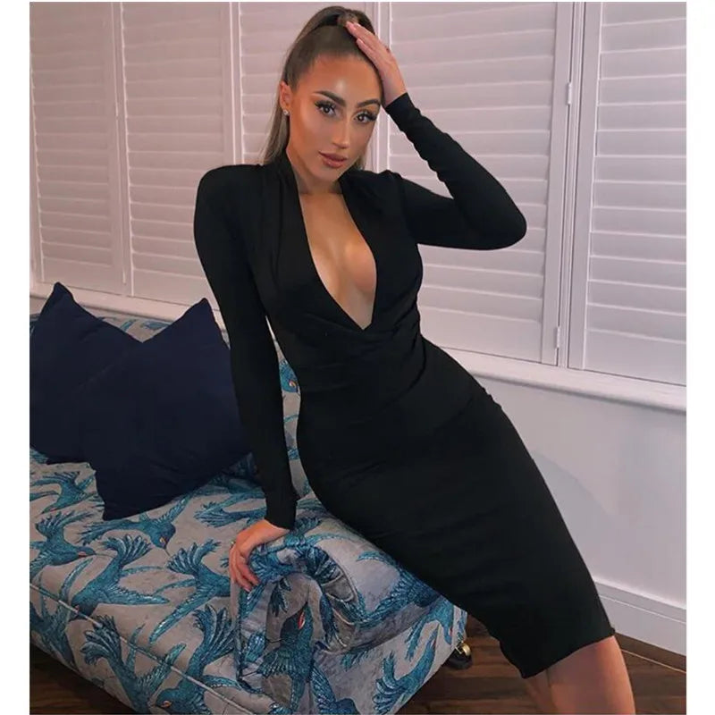 Winter Sexy V Neck Long Sleeve Women Bodycon Bandage Dress 2022 Celebrity Designer Evening Party Dress Vestido