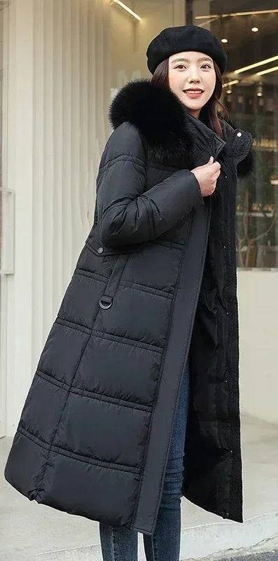 2023 New Women Winter Jacket Long Coat Fur Collar Hooded Down Parka Overcoat Warm Long Thick Cotton Wadded Jacket Outwear