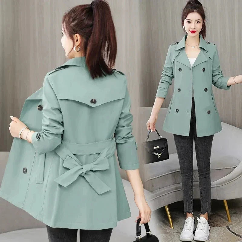 2023 New Spring Autumn Trench Coat Women Clothes Slim Long-Sleeved Short Windbreaker With Belt Casual Outwear Female Tops Lining