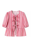 Stripes Puff Sleeve Peplum Bow Ties Blouse