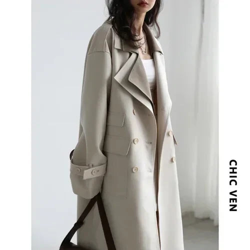 CHIC VEN Women Trench Coat Solid Loose Contrast Double Collar Double Breasted Long Women's Windbreaker Office Lady Spring Autumn