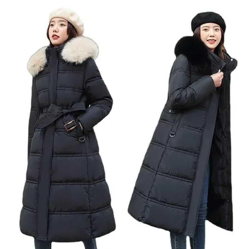 2023 New Women Winter Jacket Long Coat Fur Collar Hooded Down Parka Overcoat Warm Long Thick Cotton Wadded Jacket Outwear