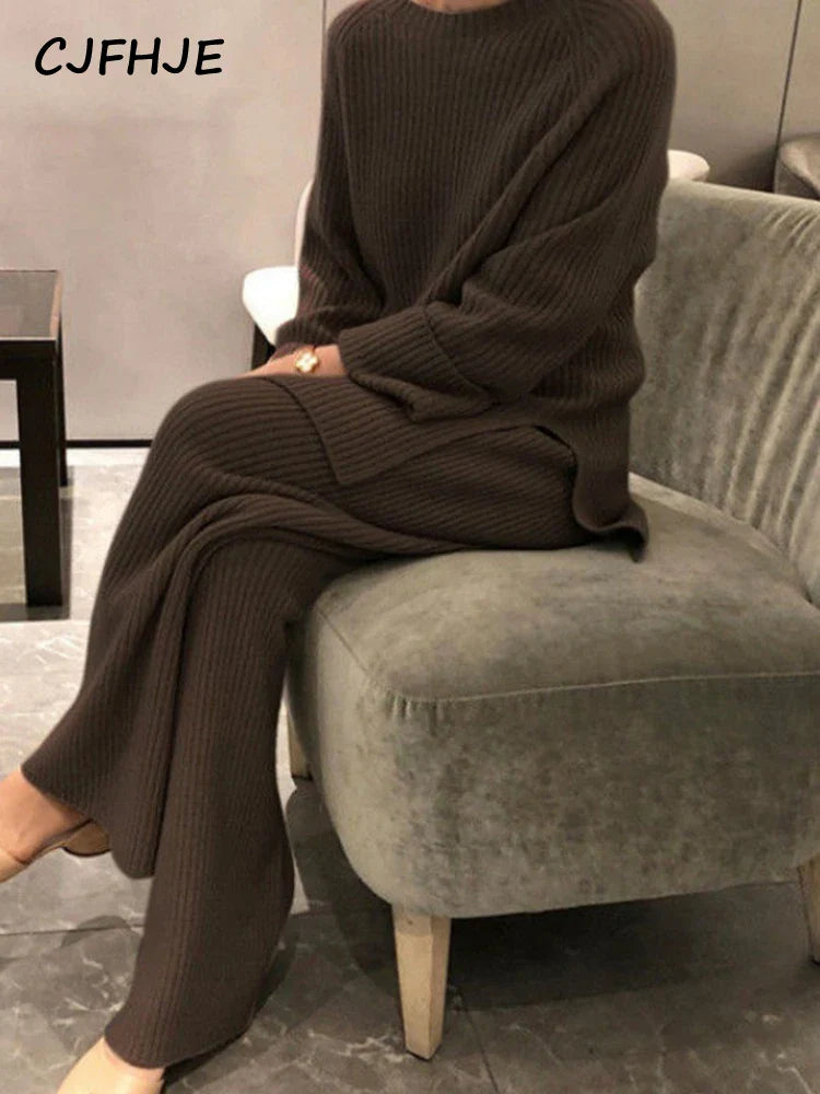 CJFHJE New Knitted Sweater Suit Women Elegant Solid O-Neck Pullovers Wide Leg Pants Suit Lady Winter Soft 2 Piece Set Homewear