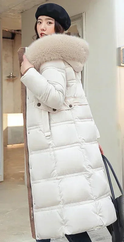 2023 New Women Winter Jacket Long Coat Fur Collar Hooded Down Parka Overcoat Warm Long Thick Cotton Wadded Jacket Outwear