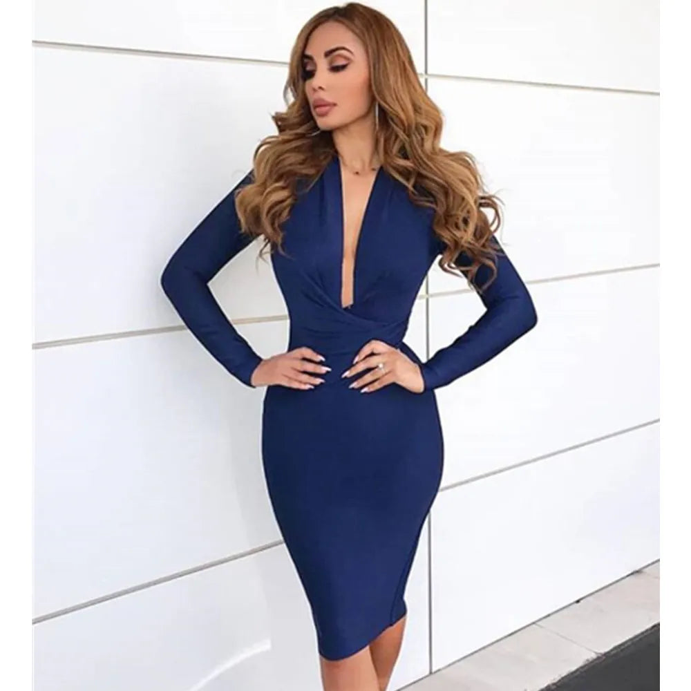 Winter Sexy V Neck Long Sleeve Women Bodycon Bandage Dress 2022 Celebrity Designer Evening Party Dress Vestido