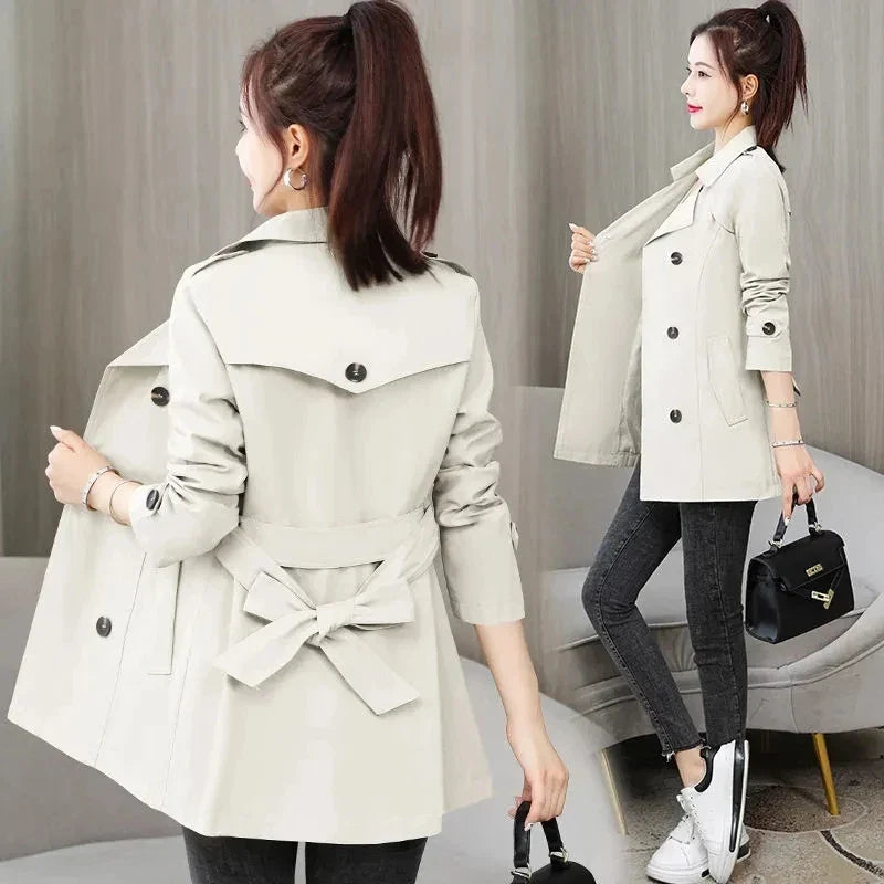 2023 New Spring Autumn Trench Coat Women Clothes Slim Long-Sleeved Short Windbreaker With Belt Casual Outwear Female Tops Lining