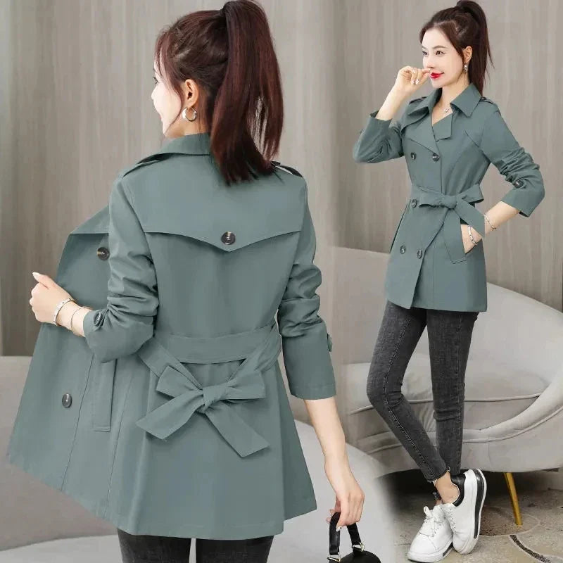 2023 New Spring Autumn Trench Coat Women Clothes Slim Long-Sleeved Short Windbreaker With Belt Casual Outwear Female Tops Lining