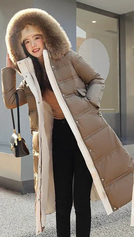 2023 New Women Winter Jacket Long Coat Fur Collar Hooded Down Parka Overcoat Warm Long Thick Cotton Wadded Jacket Outwear