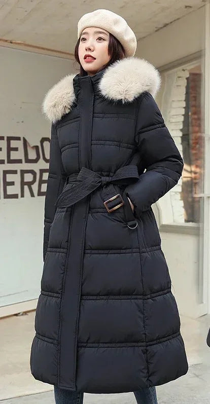 2023 New Women Winter Jacket Long Coat Fur Collar Hooded Down Parka Overcoat Warm Long Thick Cotton Wadded Jacket Outwear