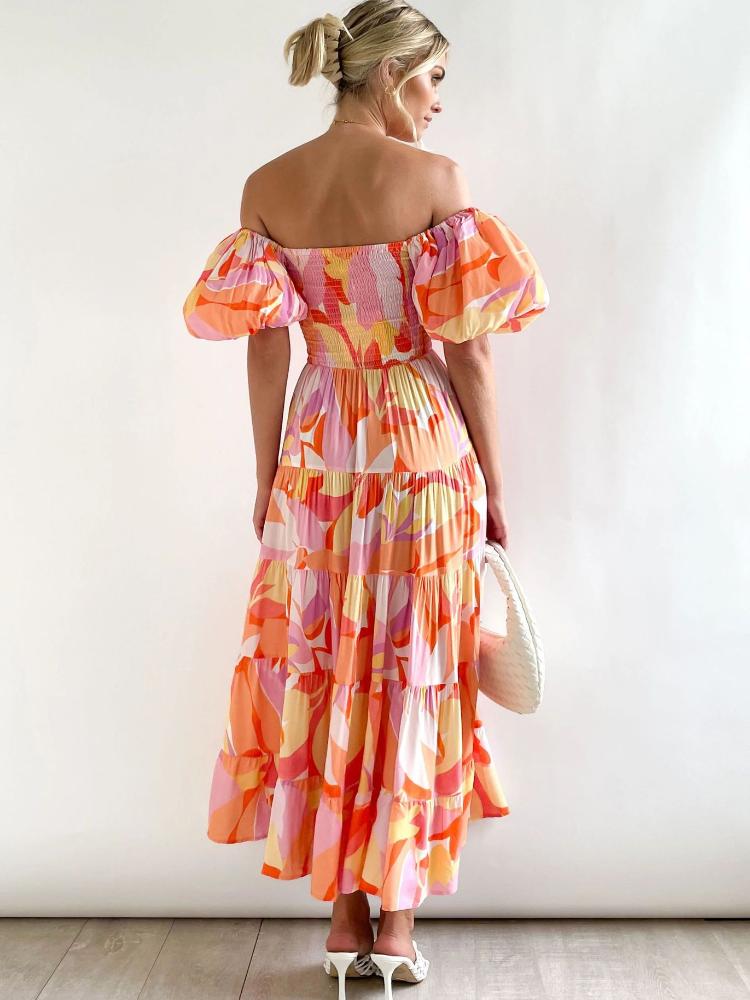 Andrea Printed Off-shoulder Puff Sleeve Tiered Maxi Dress