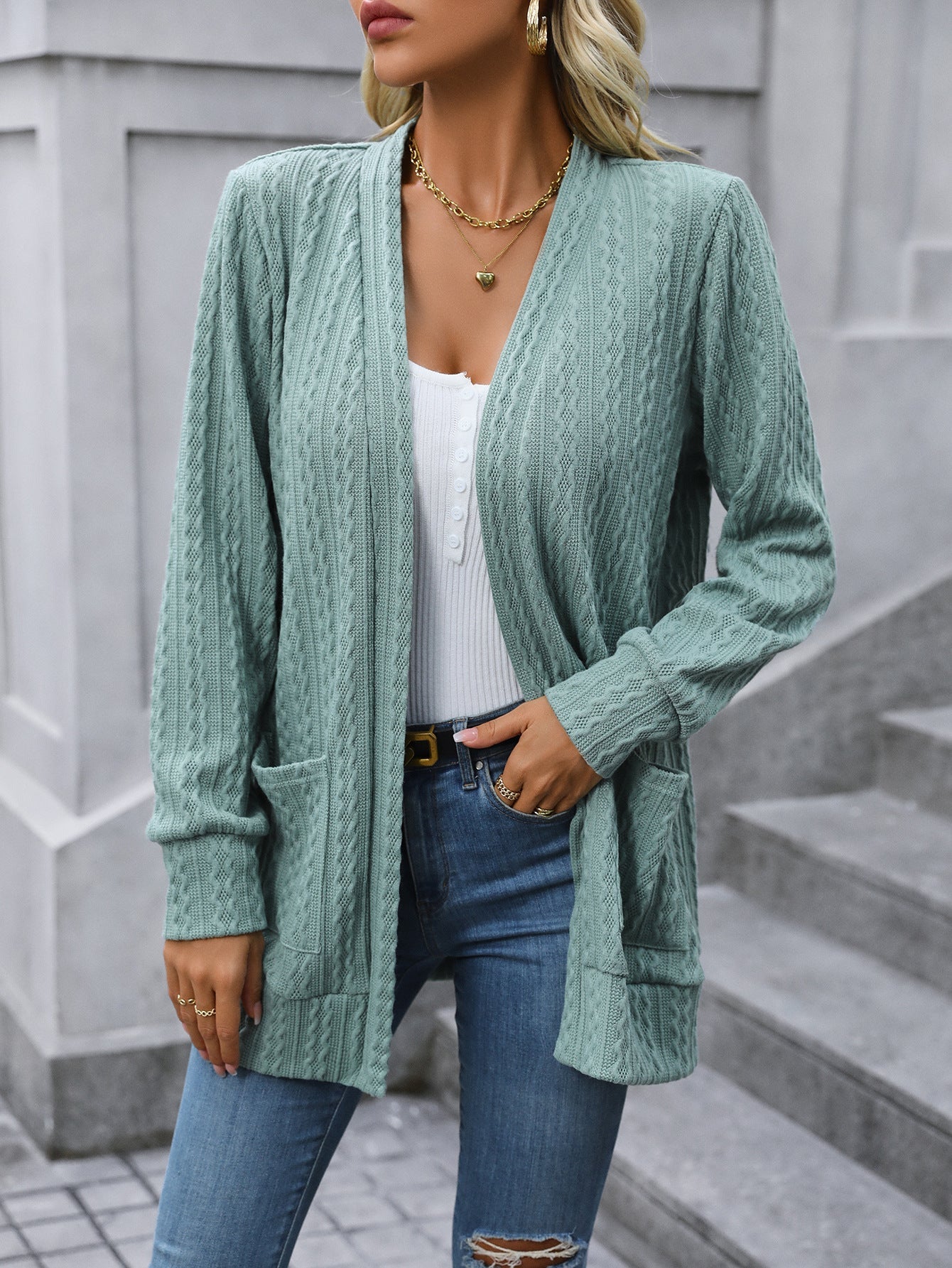 Solid Color Loose Shawl Mid-length Cable-knit Sweater Cardigan