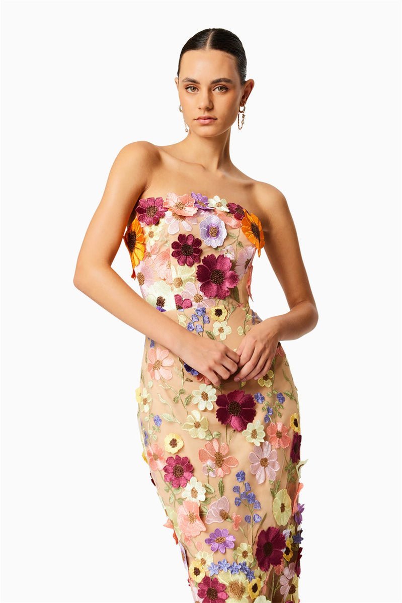 Belle Embroidered Floral Strapless Midi Dress