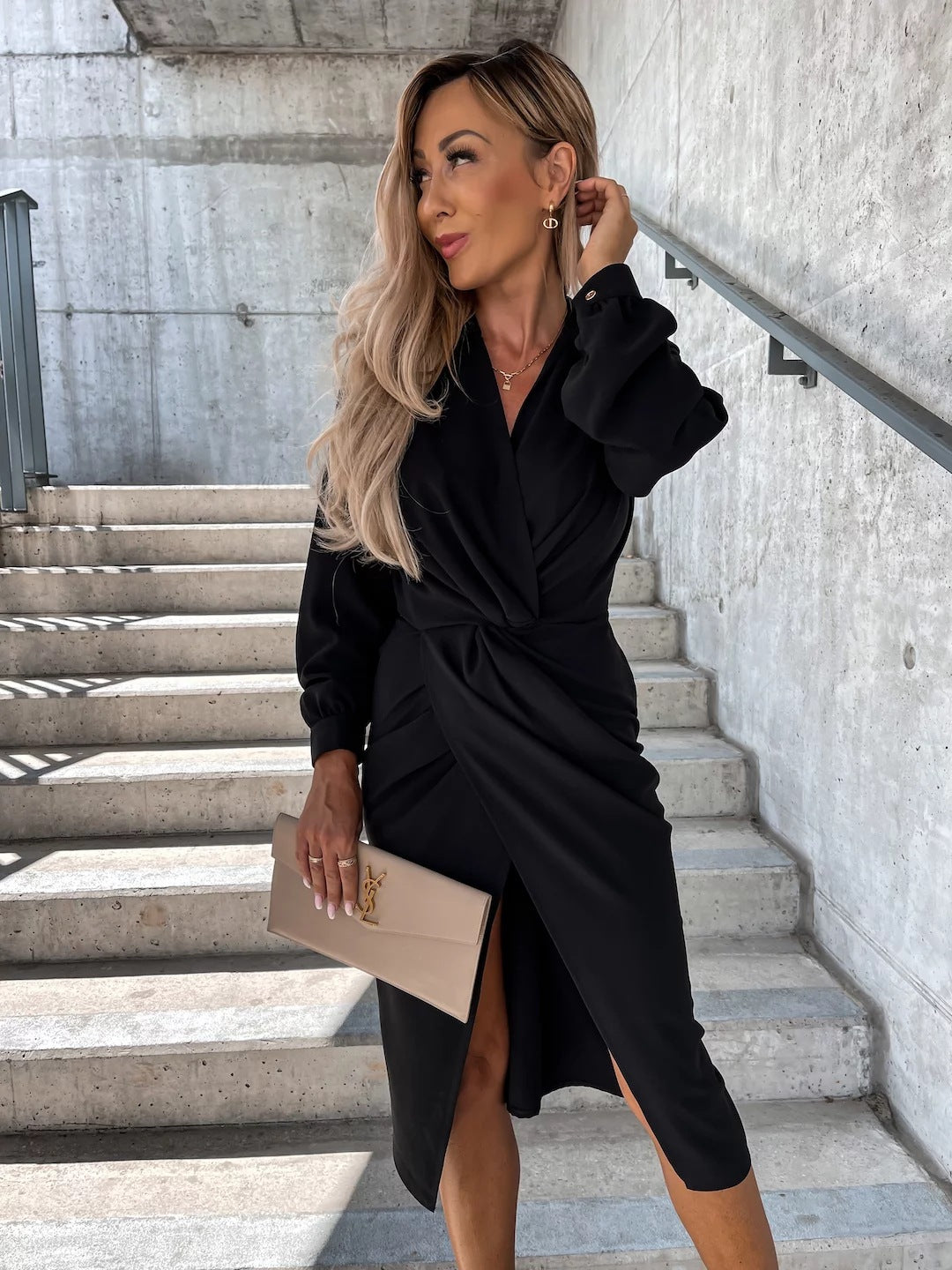 Solid Color Long Sleeve V-neck Discount Slit Hemline At Hem Dress