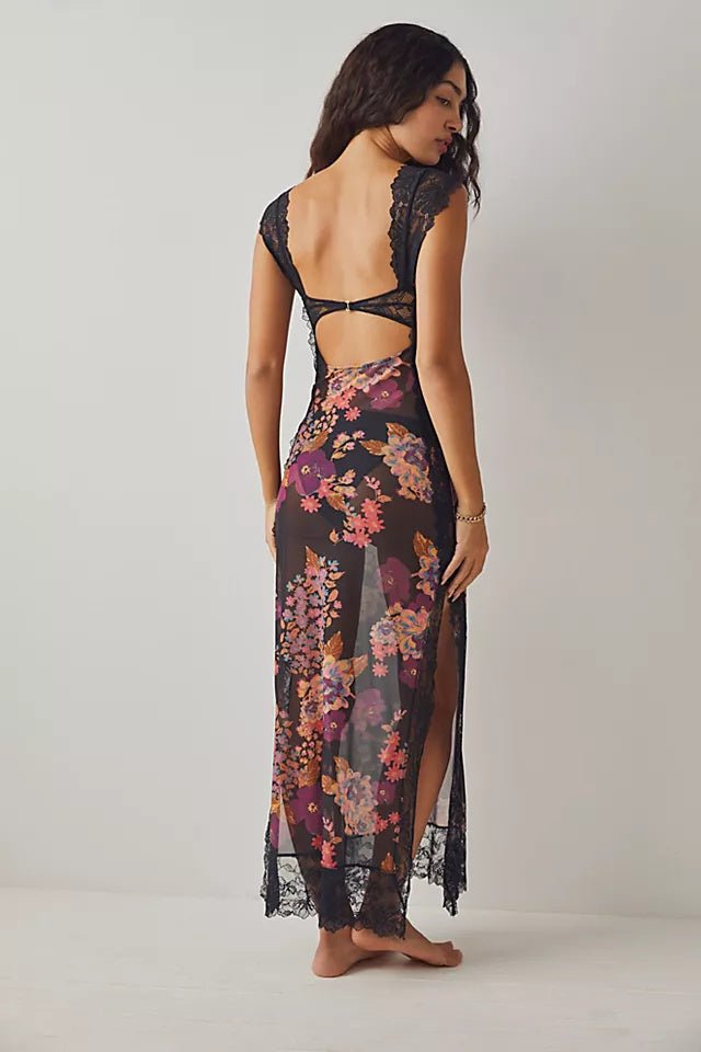 Elma Floral Printed Cut-out Mesh Maxi Slip Dress