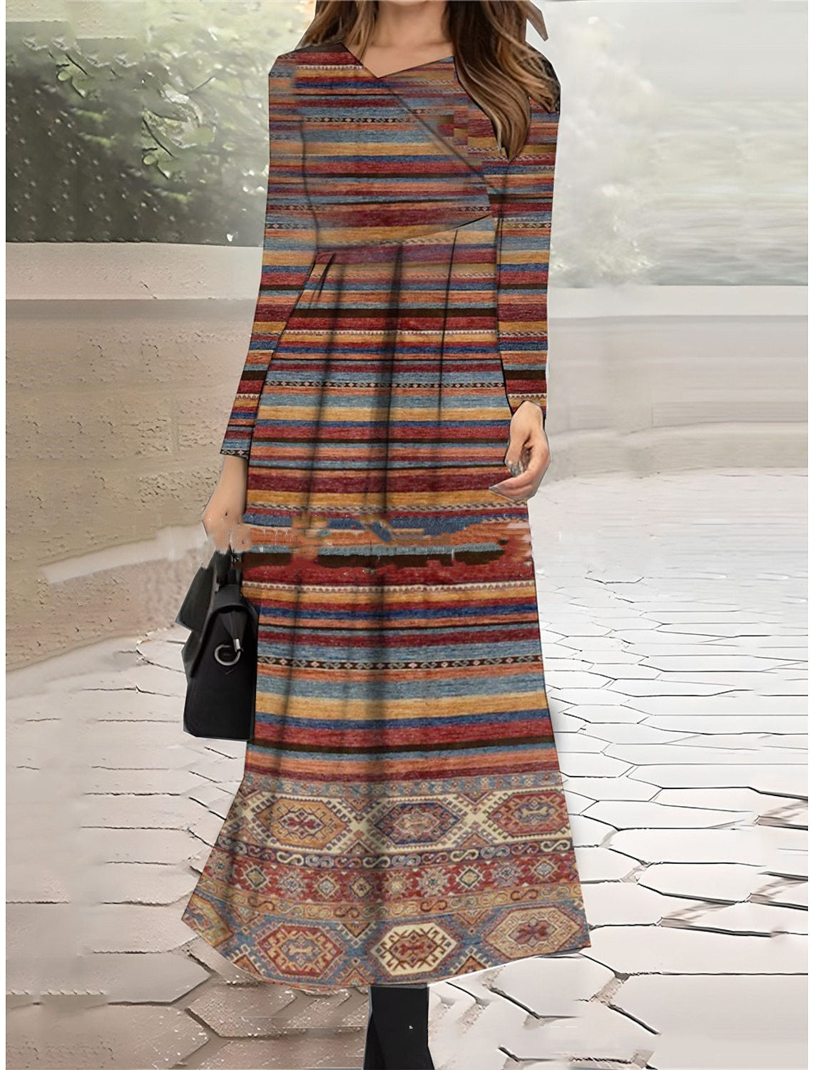 Women's Clothing Diagonal Collar Stitching Printing Diagonal Collar Long Dress