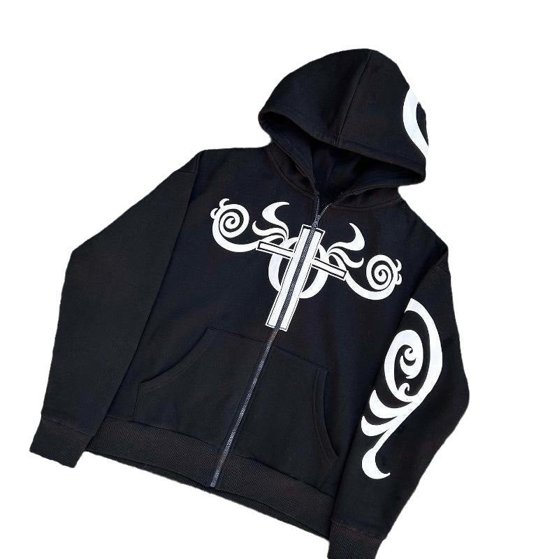 Letter Pattern Printed Hoodie Long Zipper Sweater Coat