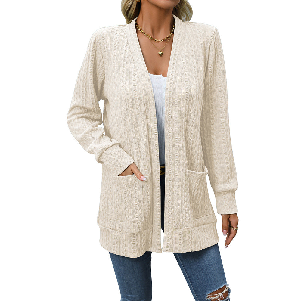 Solid Color Loose Shawl Mid-length Cable-knit Sweater Cardigan