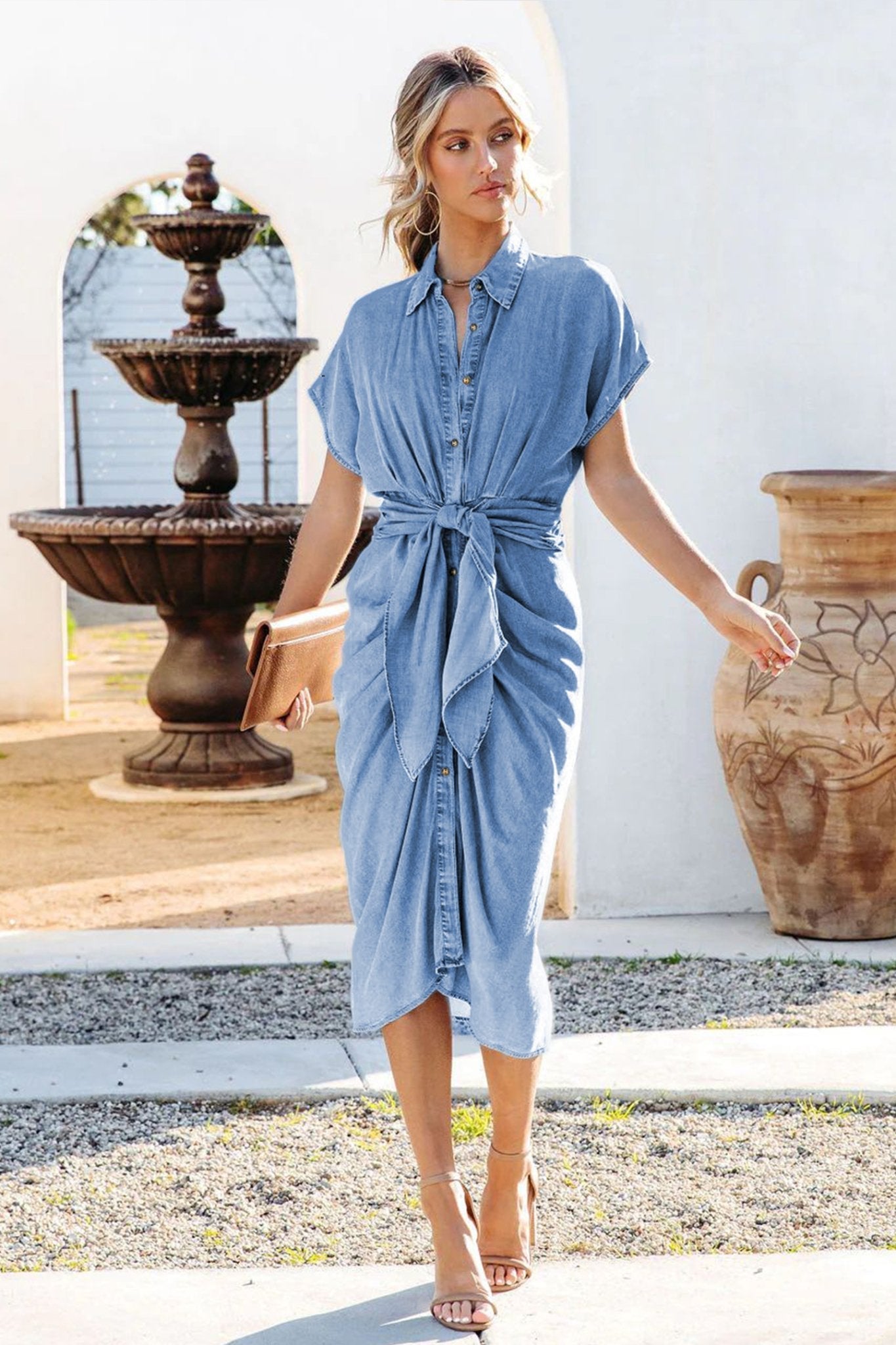 Gina Gathered Knotted Denim Midi Shirt Dress