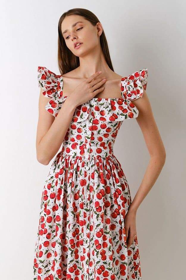 Griselda Cherry Printed Ruffle Midi Dress