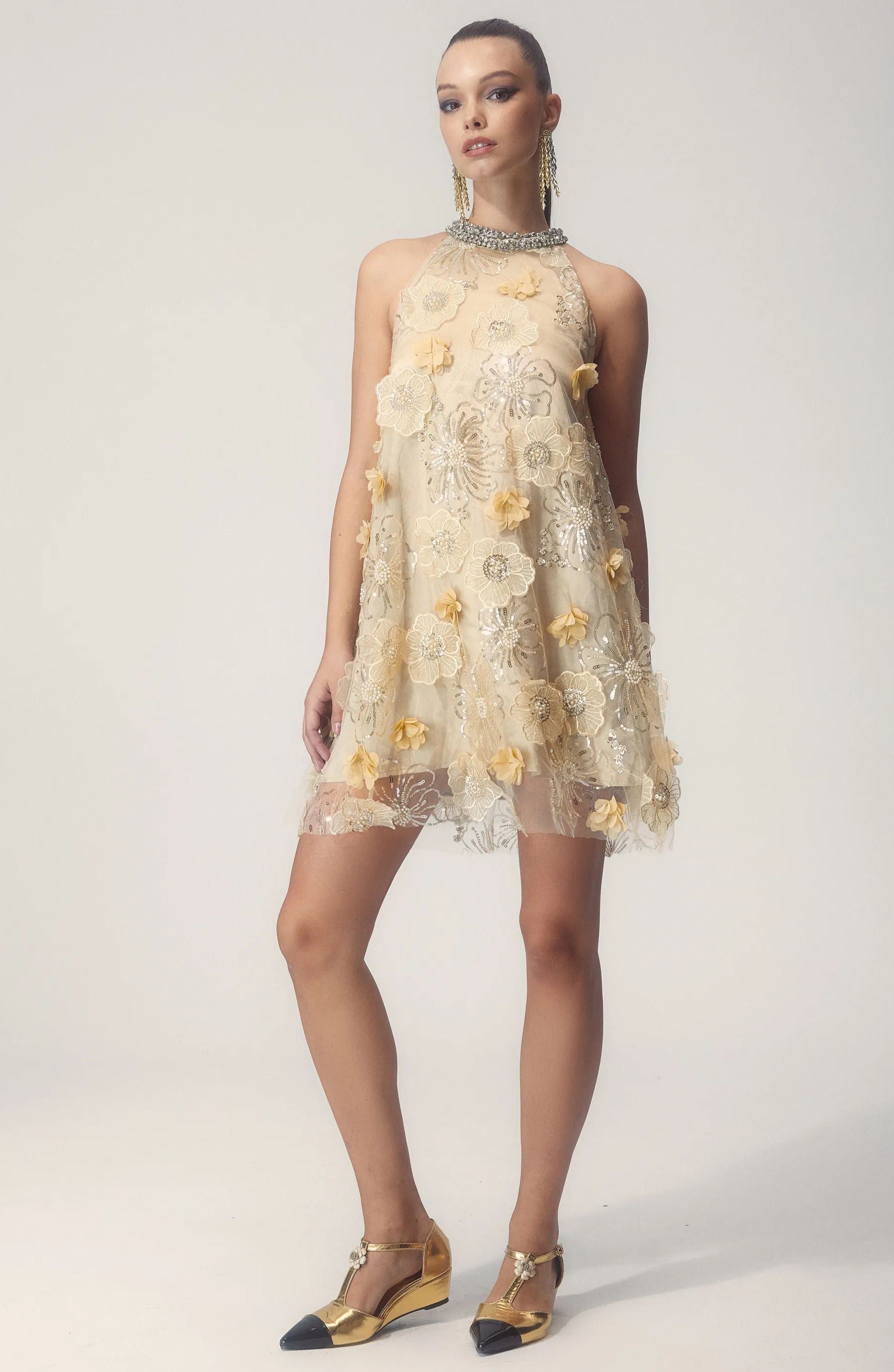 Ella Halter Floral Embroidered Sequins Mini Dress