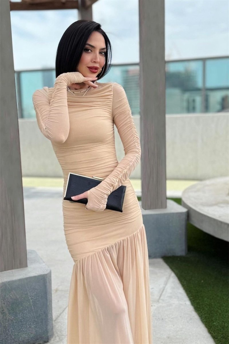 Jessie Long Sleeve Pleated Mesh Maxi Dress