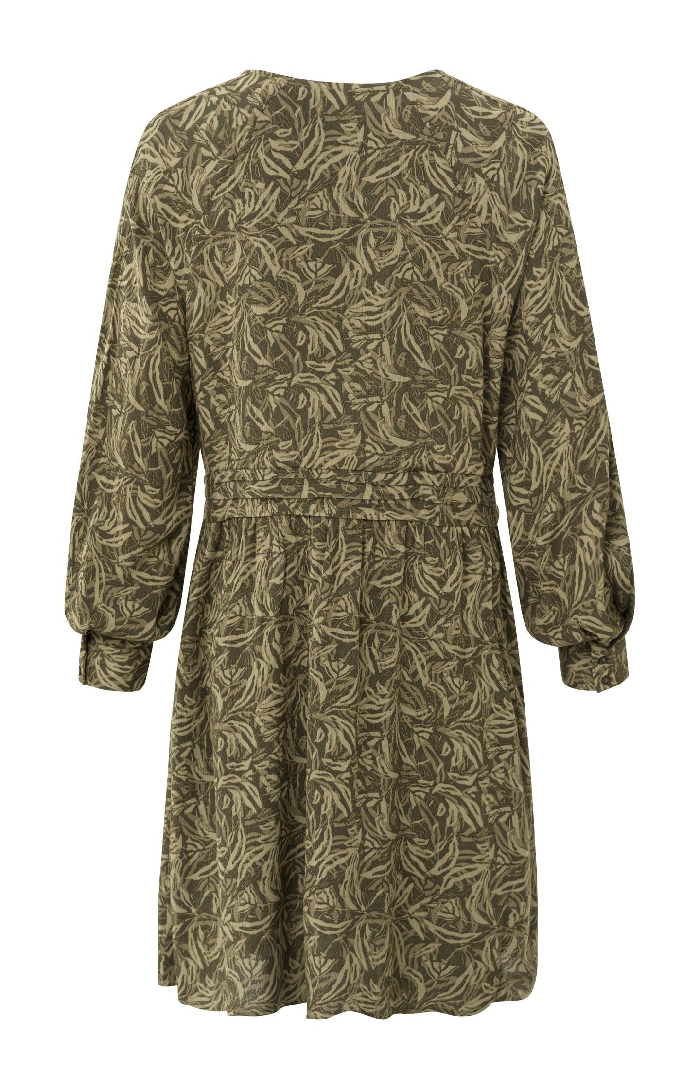 Jurk met V-hals, lange pofmouwen, knopen en print - Dark Army Green Dessin