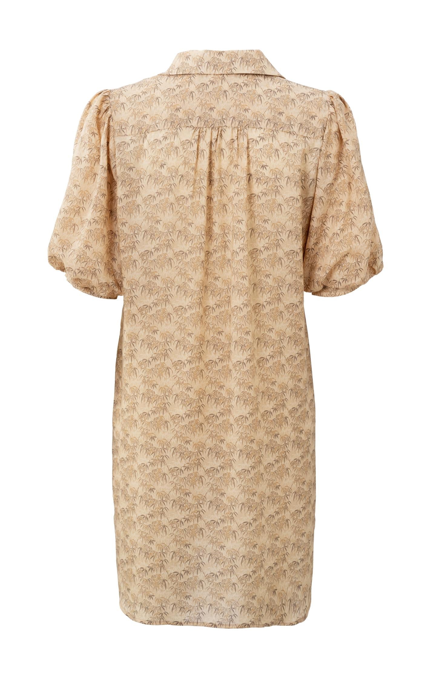 Kaftan jurk met V-hals, halflange pofmouwen en bamboeprint - Ginger Root Beige Dessin