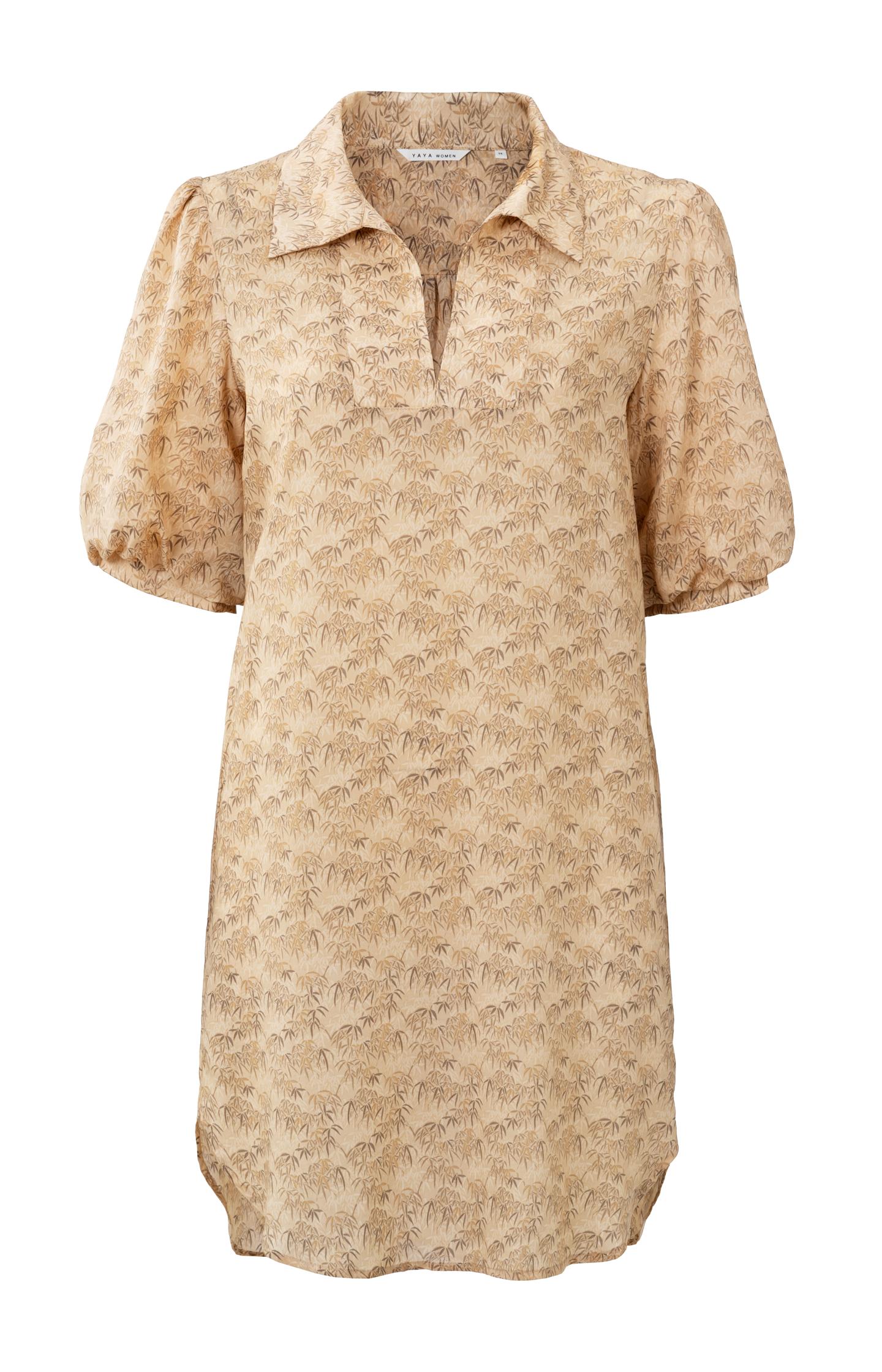 Kaftan jurk met V-hals, halflange pofmouwen en bamboeprint - Ginger Root Beige Dessin