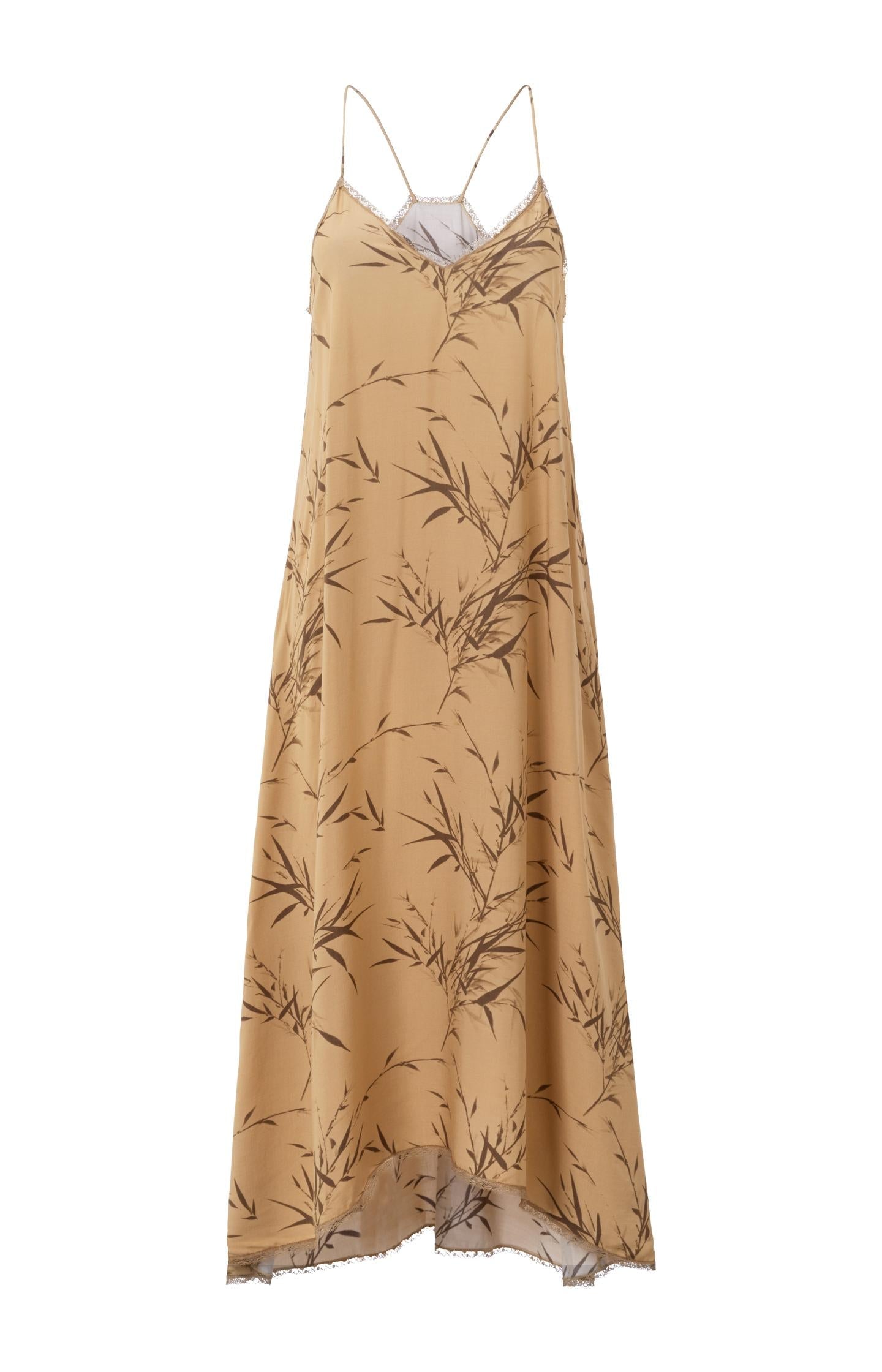 Luchtige maxi jurk met V-hals, bamboeprint en kanten details - Cartouche Brown Dessin