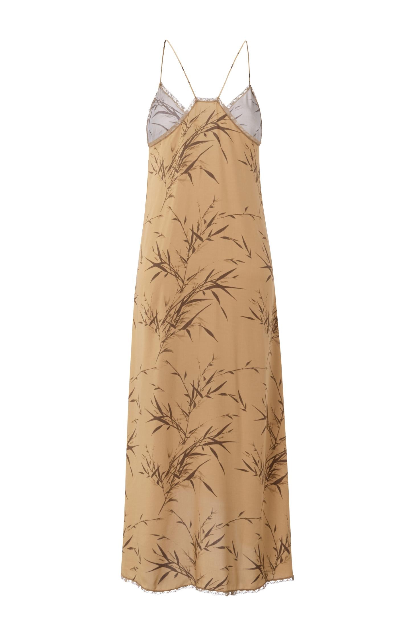 Luchtige maxi jurk met V-hals, bamboeprint en kanten details - Cartouche Brown Dessin