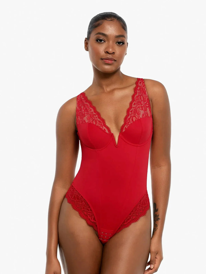 Shapewear Deep V-Neck Sculpting Lace Inset Bodysuit