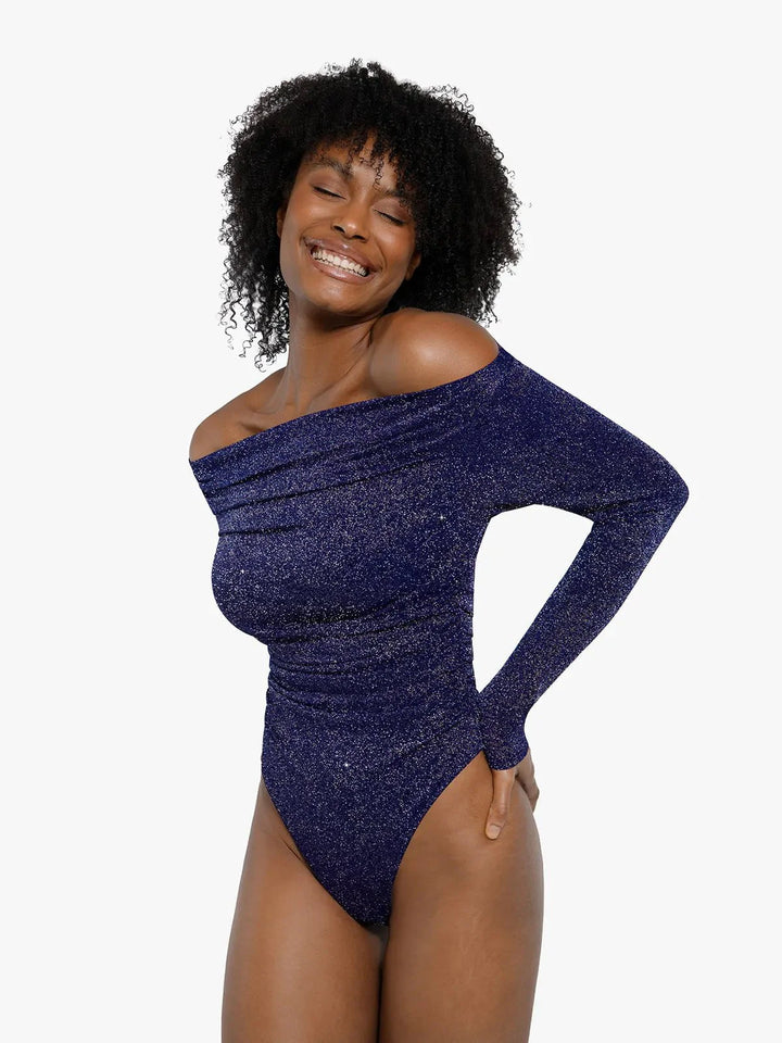 Shapewear Metallic Knit Long Sleeve Slimming Bodysuit