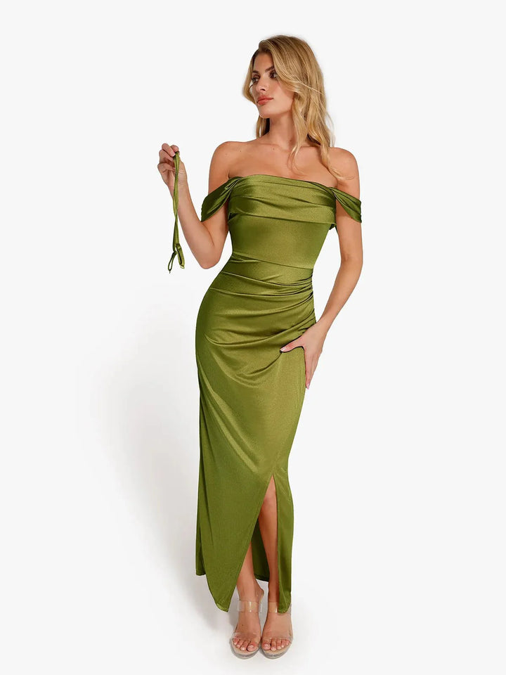 Shapewear Off Shoulder Shine Ruched Sculpting Maxi Dress