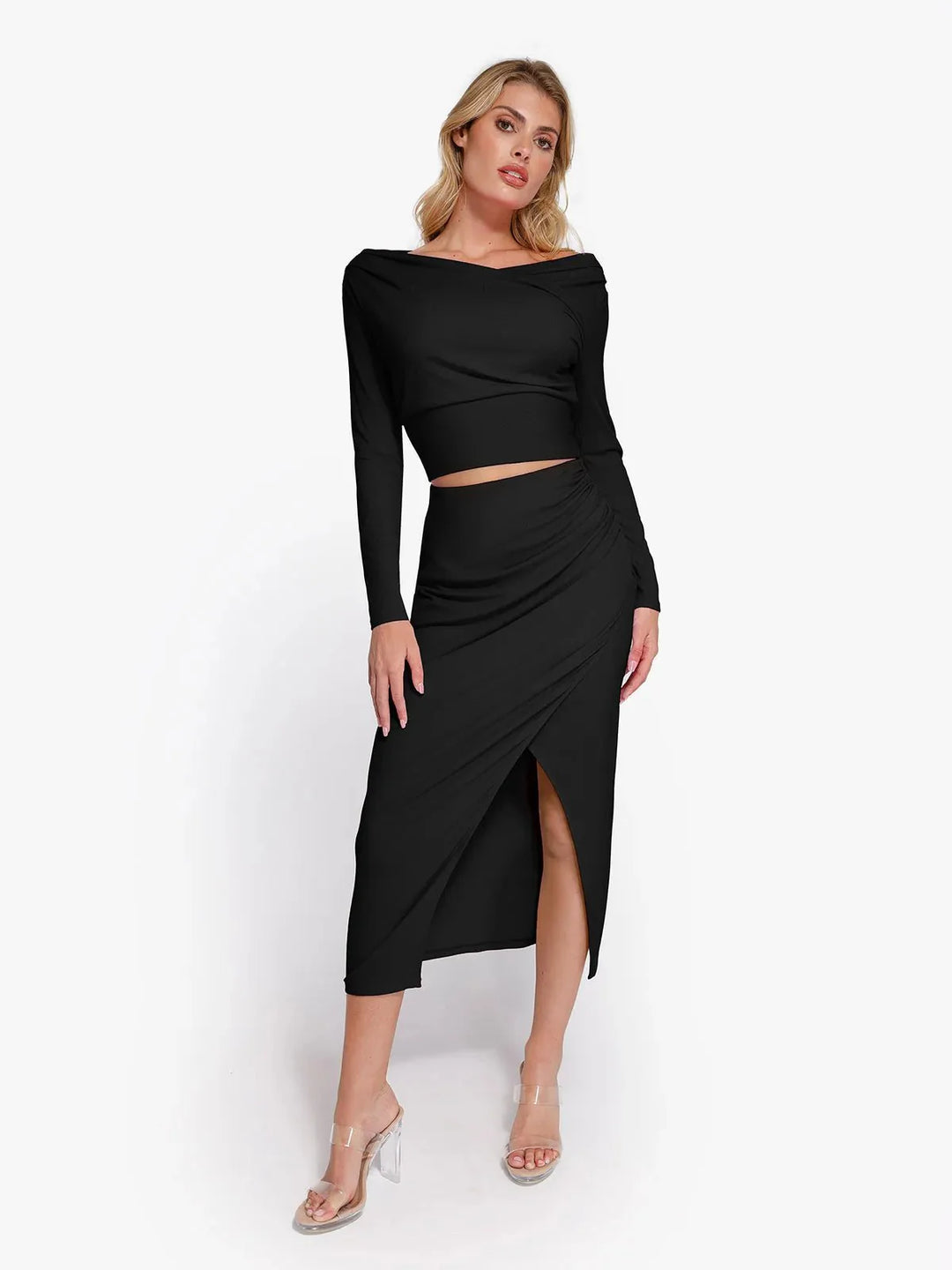 Shapewear Rib Modal Built In Sculpting Midi Wrap Skirt