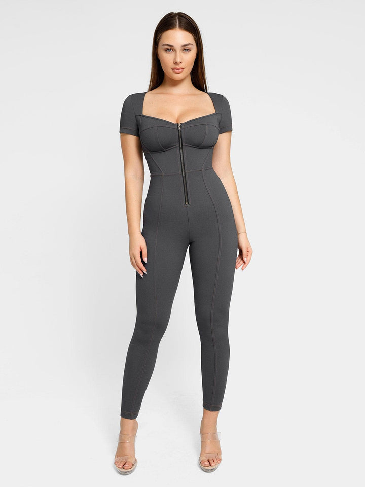 Shapewear Denim Short Sleeve Zip Front Butt Lift Jumpsuit