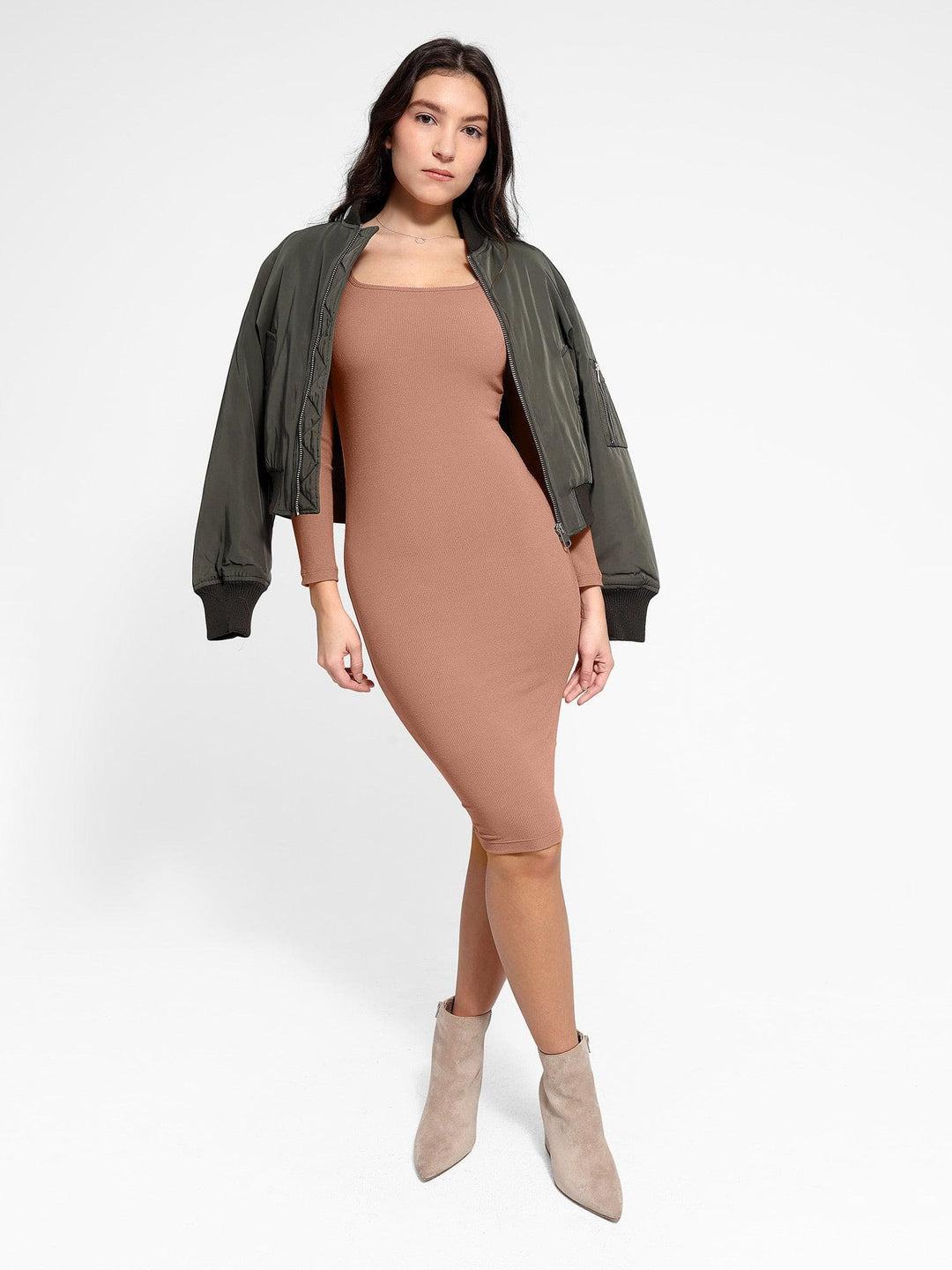 Shapewear Long Sleeve Square Neck Modal Slimming Midi Dress