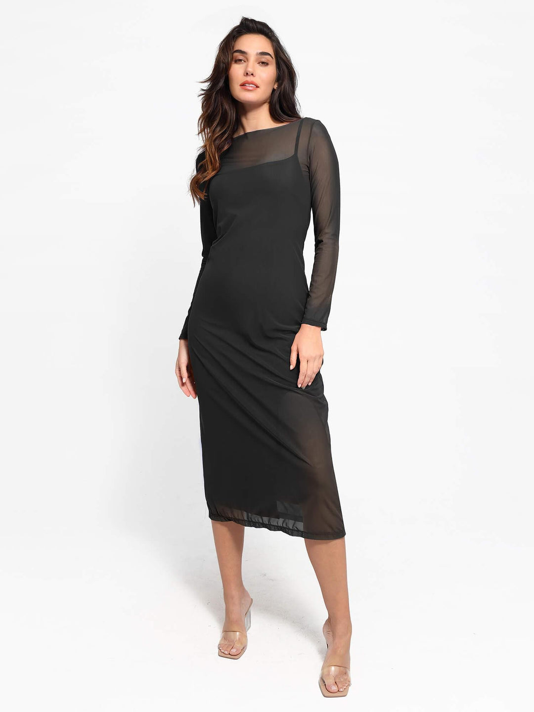 Shapewear Slimming Midi Dress and Sheer Mesh Overlay Set