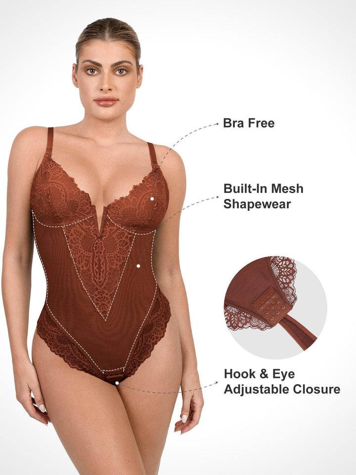 Shapewear Lace Deep V-Neck Sculpting Thong Bodysuit