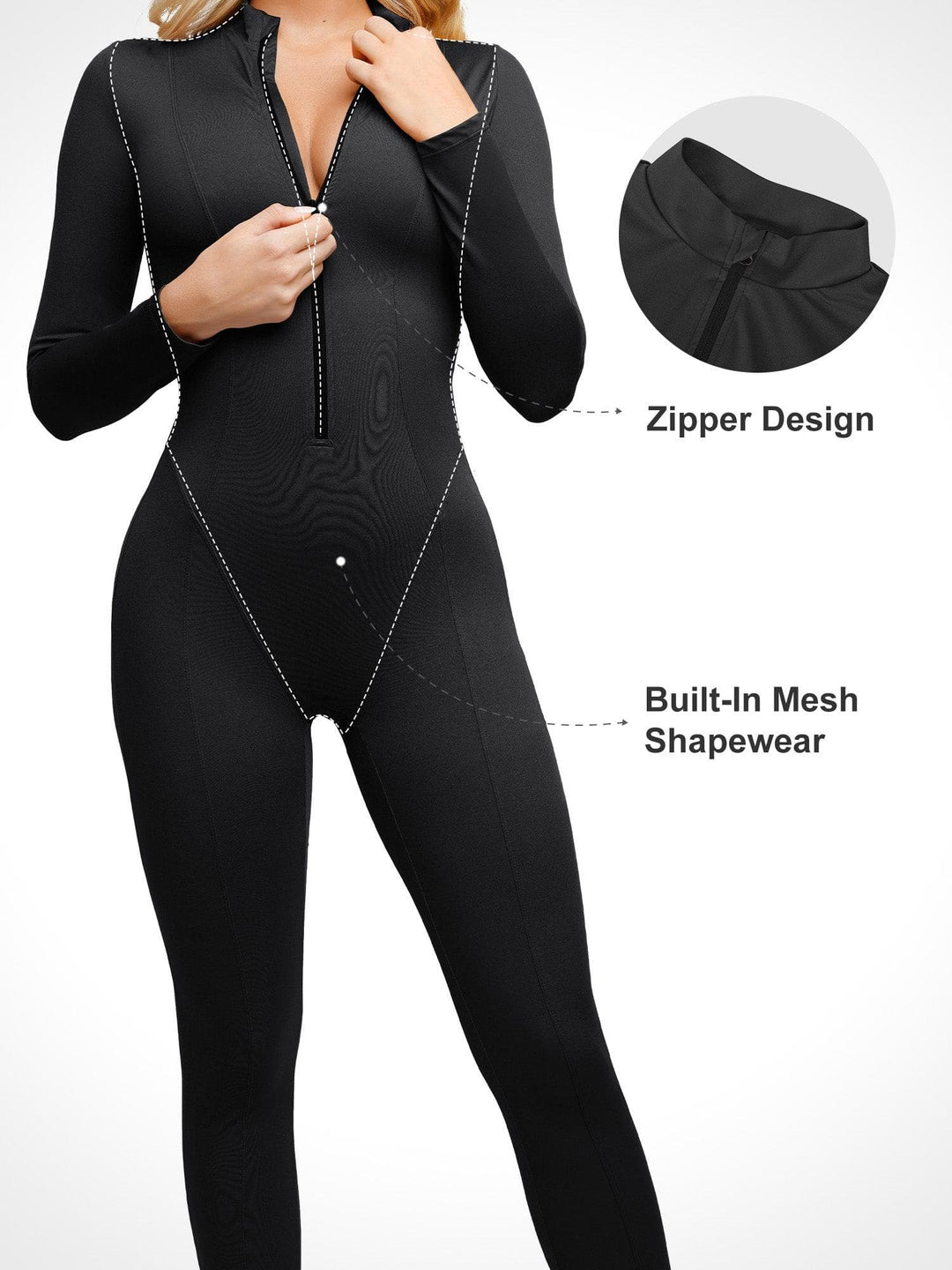 Shapewear Long Sleeve Mock Neck Zip Front Sculpting Jumpsuit