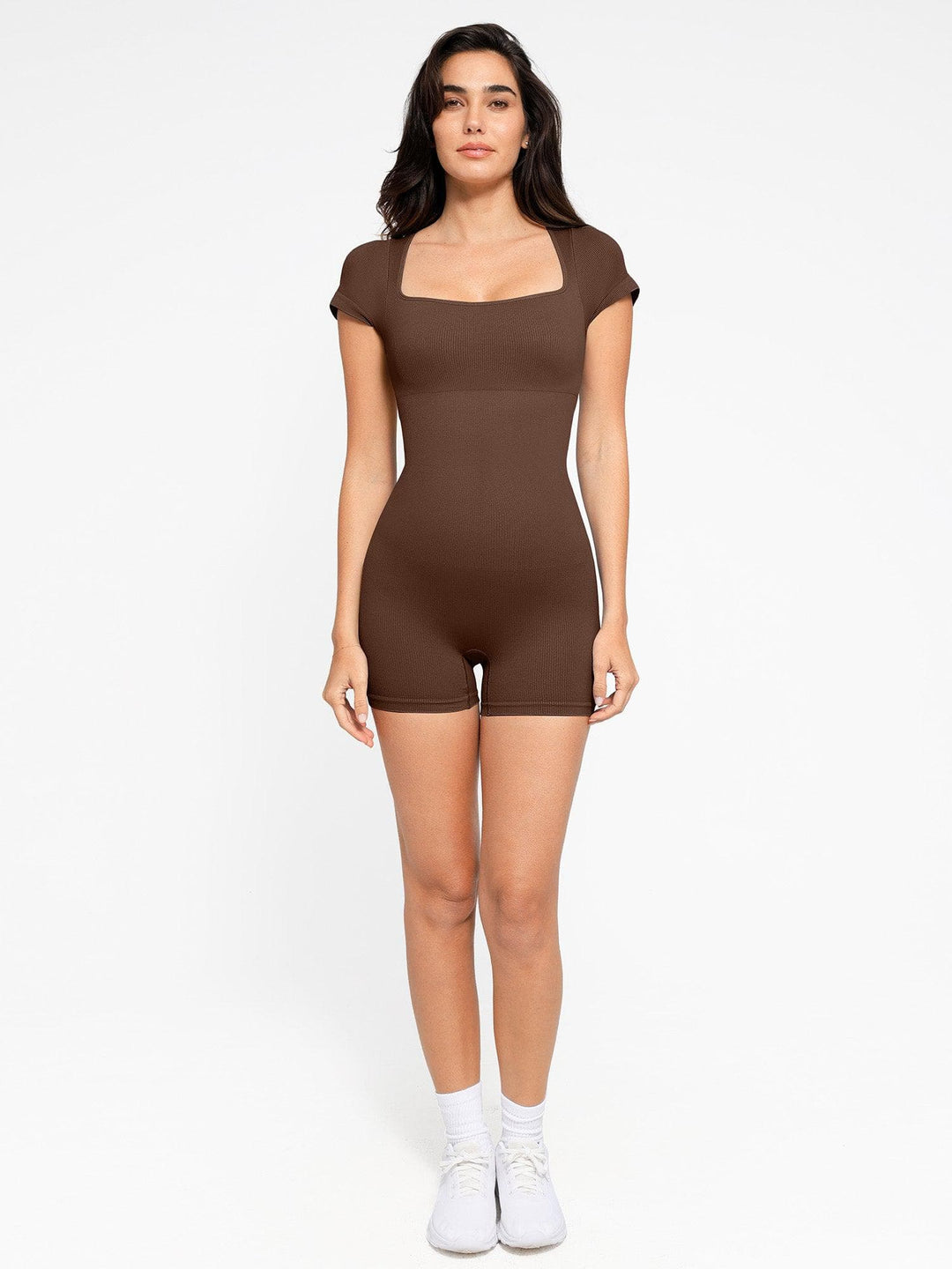 Shapewear Seamless Rib Square Neck Cap Sleeve Romper