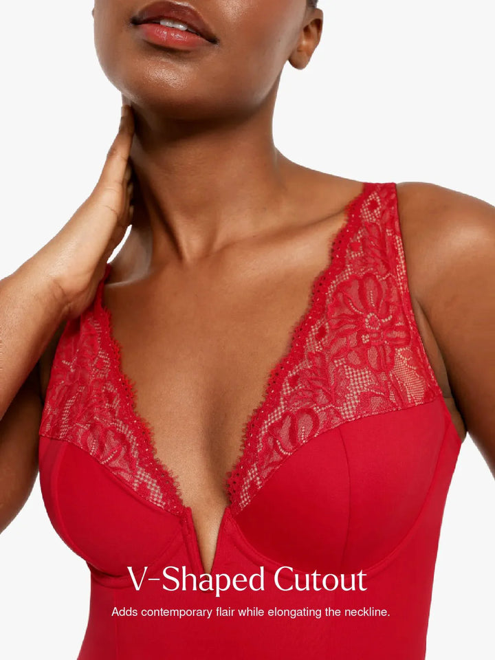 Shapewear Deep V-Neck Sculpting Lace Inset Bodysuit