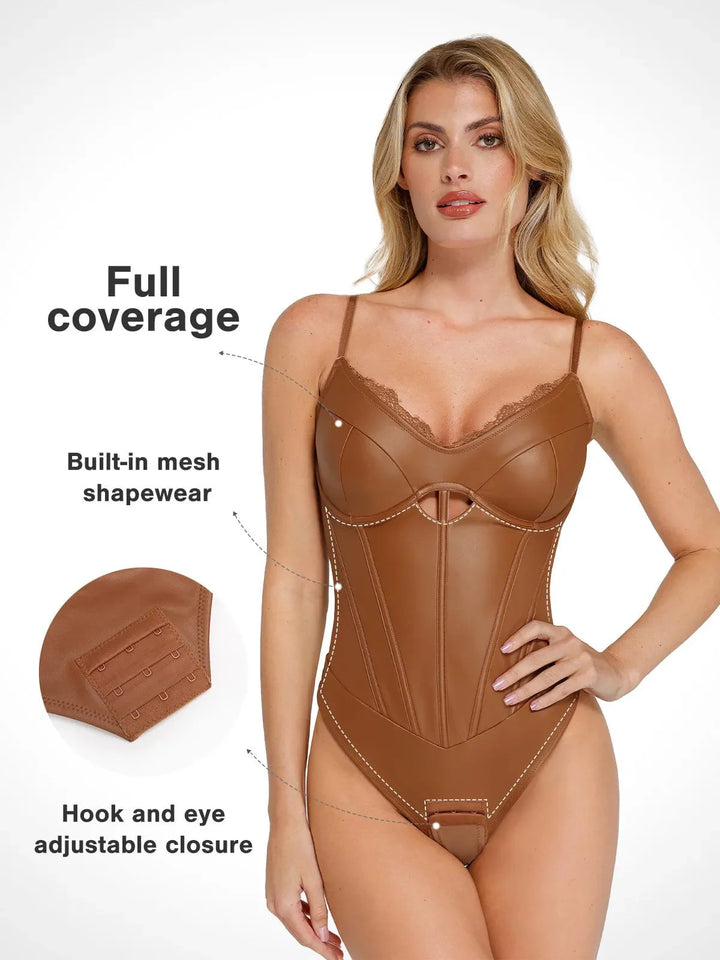 Shapewear Faux Leather Hourglass Cutout Corset Bodysuit