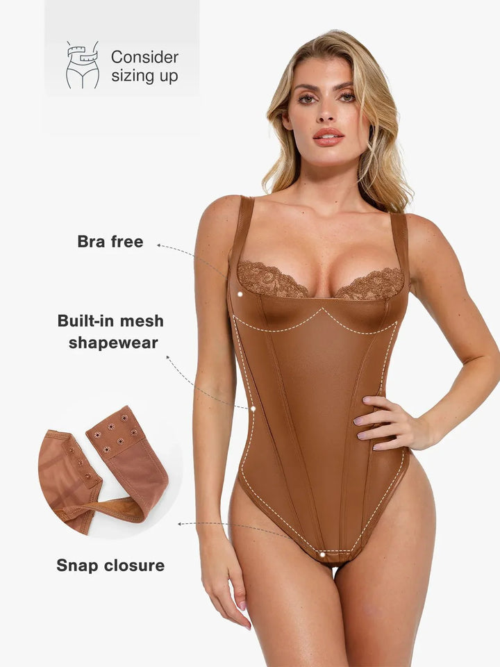 Shapewear Faux Leather Lace Balconette Sculpting Bodysuit