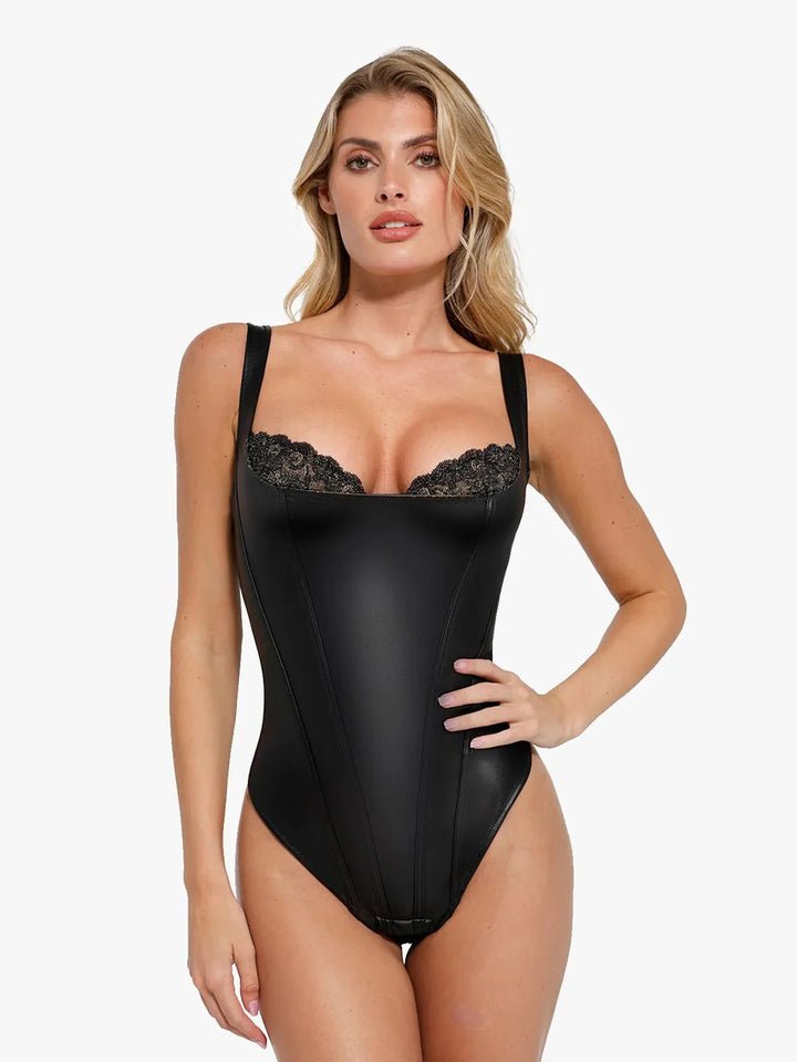 Shapewear Faux Leather Lace Balconette Sculpting Bodysuit