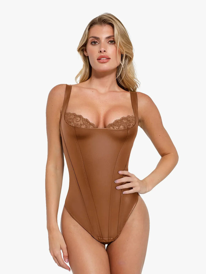 Shapewear Faux Leather Lace Balconette Sculpting Bodysuit